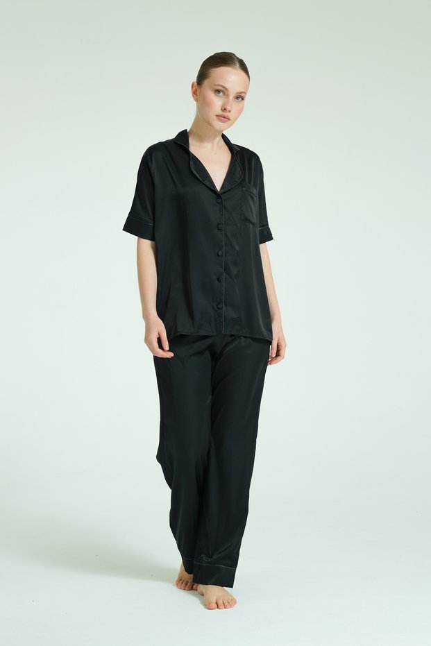 Short Sleeve 4-Piece Satin Pajama Set - Black