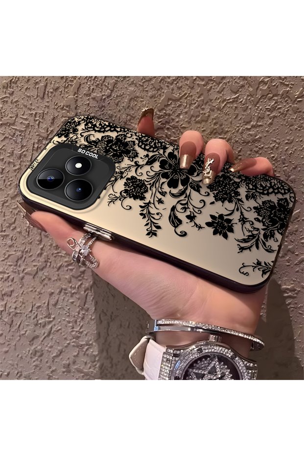 Realme Note 50 Compatible Elegant Black Lace Floral Pattern Case, High Quality Matte Phone Case