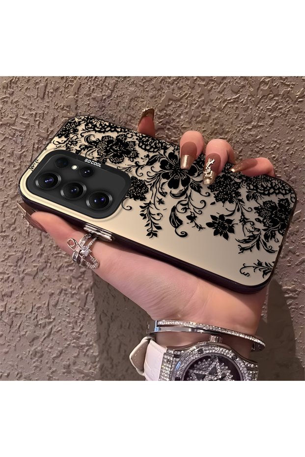 Elegant Black Lace Floral Pattern Case Compatible with Samsung Galaxy S25 Ultra, High-Quality Case