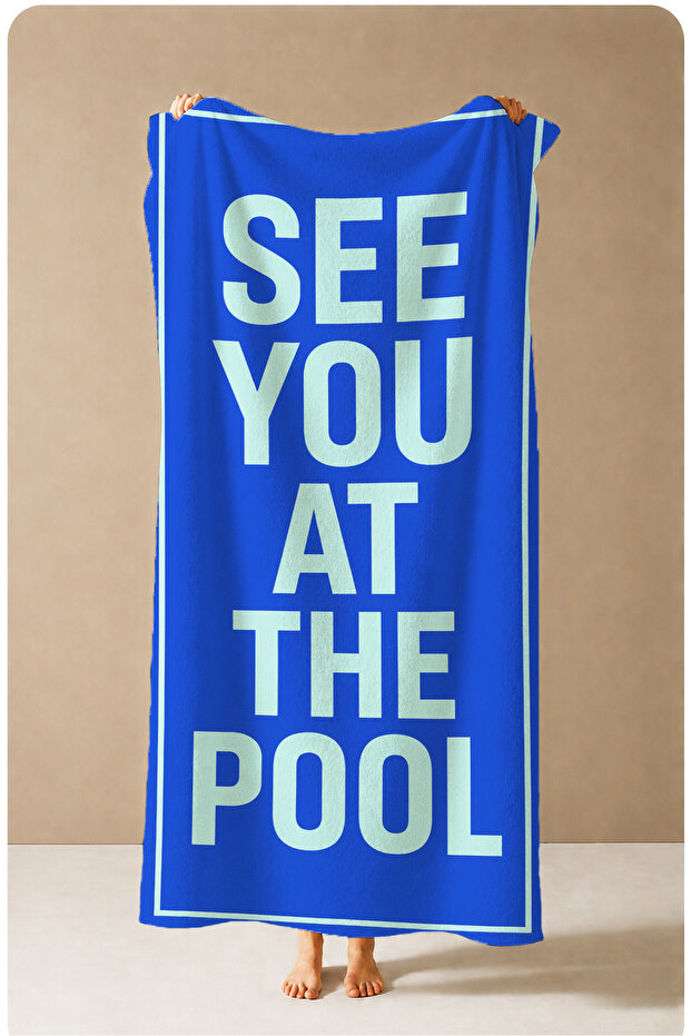 Pop Art See You at the Pool Written Blue Patterned 70X150 Beach Towel - Cotton Bath Towel