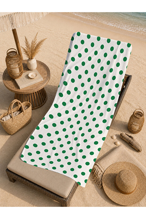 Minimal Green Polka Dot White Background Patterned 70X150 Beach Towel - Digital Printed Bath Towel