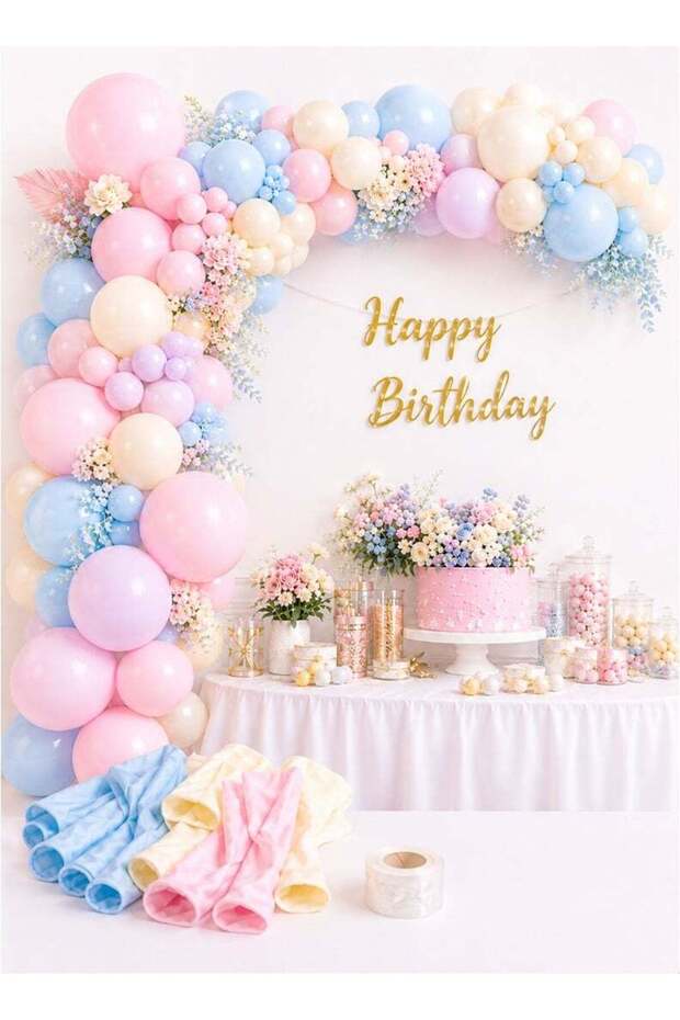 Pastel Balloon Garland Kit | Macaron Pink Blue Cream Gold Balloon Arch Decoration Set with Glue Dots & Strip for Birthday Party , Wedding , Baby Shower