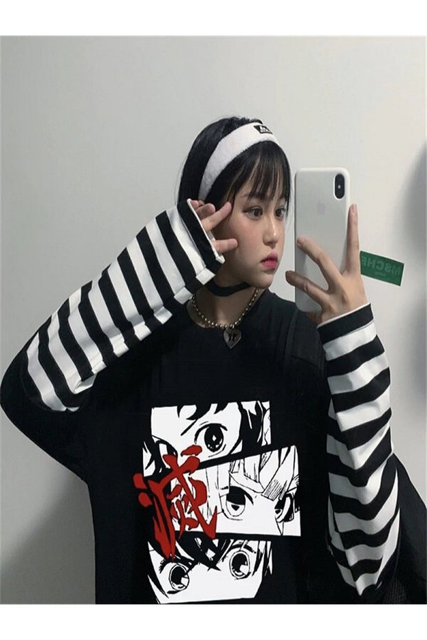 Mi̇ngalondon Touz Demon Slayer: Eyes Striped Sleeves Unisex T-Shirt