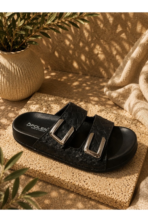 Polen Double Buckle Knitted Detailed Soft Sole Comfortable Orthopedic Women's Daily Slippers