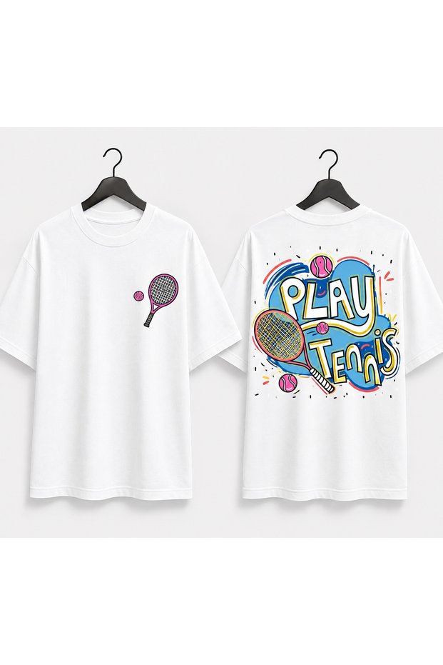 Unisex Oversize Tennis Printed T-Shirt 100% Cotton Tennis Themed Comfortable Fit Short Sleeve T-Shirt