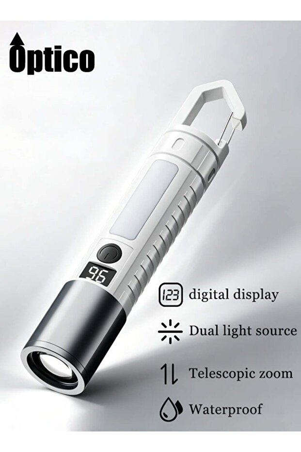 Optico Flashlight with Digital Display and Hook Telescopic Zoom 5 Lighting Modes Dual Light Design Mini Camping Flashlight Suitable for Camping, Hiking, Repairs, Work, and More