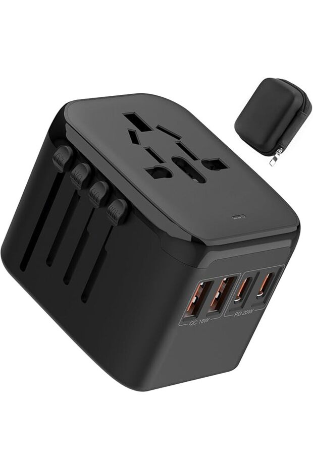 محول سفر عالمي من نيكومي، 45 واط PD، 4 منافذ USB-A و1 منفذ USB-C، مآخذ تيار متردد متعددة، محول لـ 20 دولة