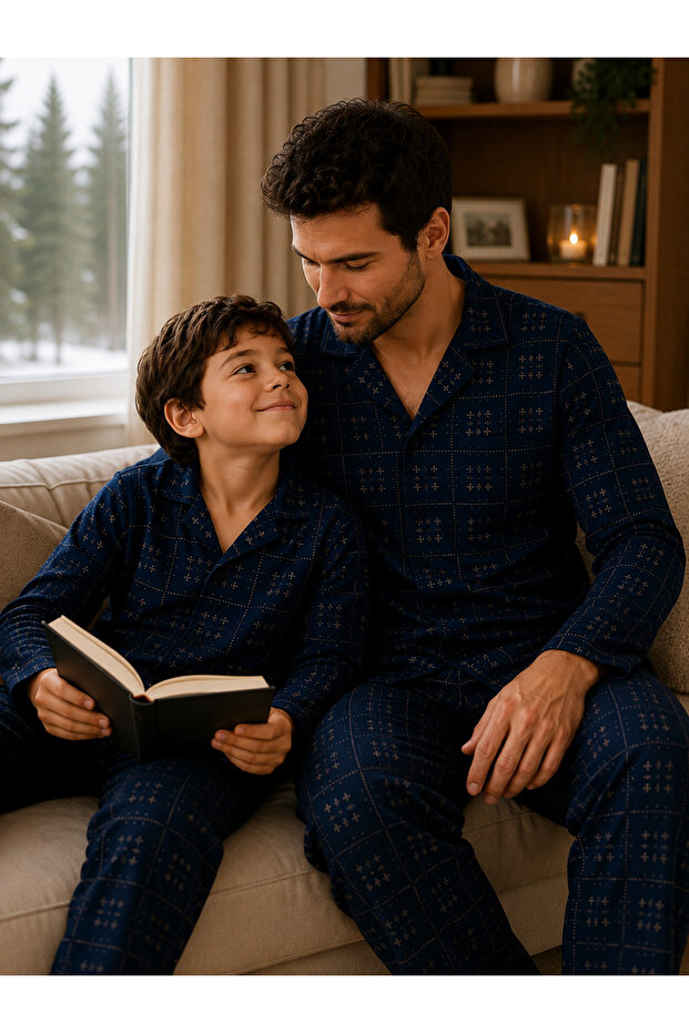 Plaid Pattern Father Son Long Sleeve Shirt Collar Buttoned Men's Pajama Set
