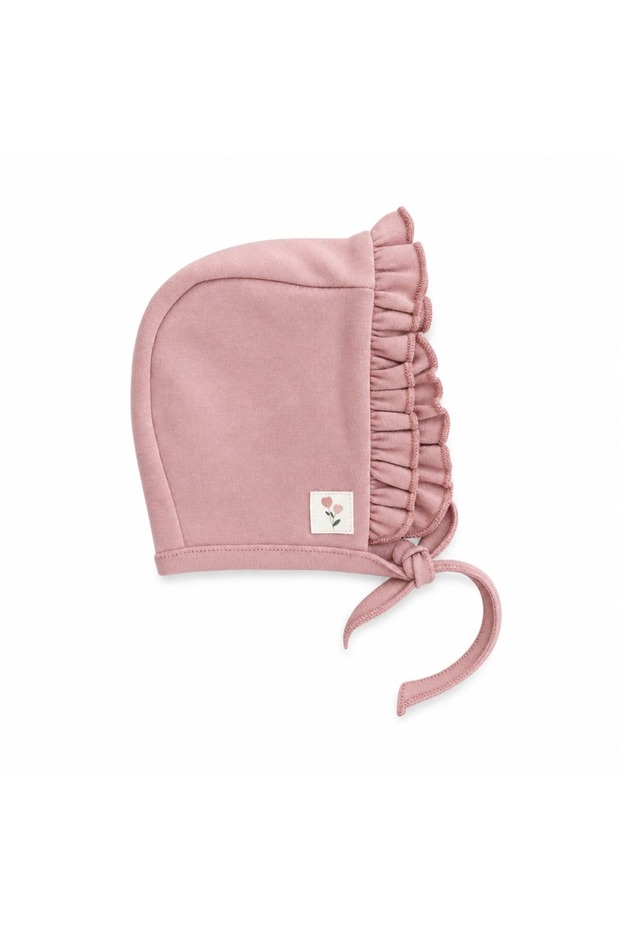 100% Organic Cotton, Baby Girl's Organic Hat with Ruffle Detail, Lace-Up Newborn Bonnet