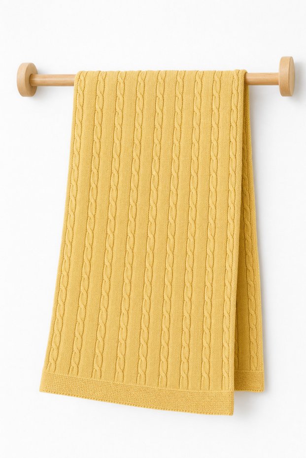 100% Cotton Knitwear Baby Blanket 85X95 cm Knitted Patterned Soft Mustard