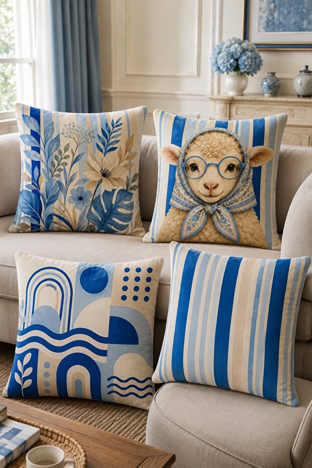 Blue Floral Lamb Patterned 4-Piece Throw Pillow Cover Set