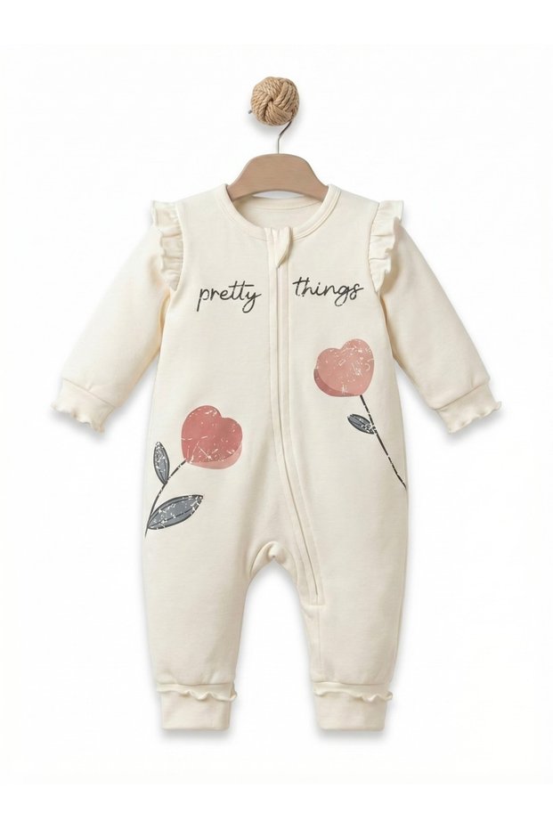 100% Organic Cotton Zippered Jumpsuit for Baby Girls, Floral Patterned Long Sleeve Jumpsuit