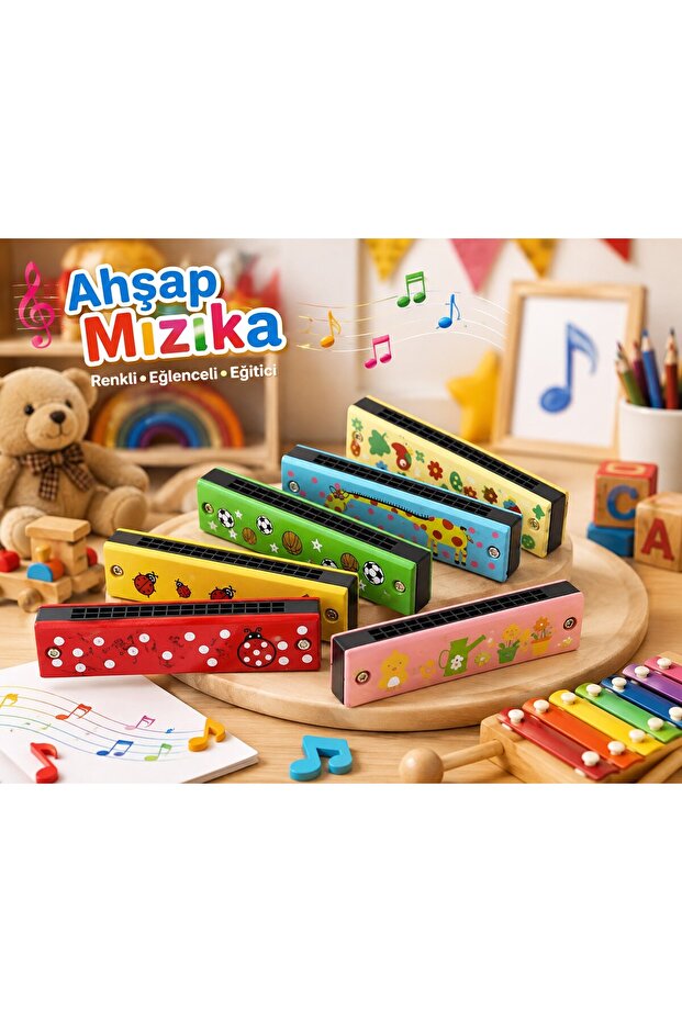 6Pcs Wooden Harmonica for Kids Children's Toy Colorful Patterned Musical Instrument Educational Fun Gift