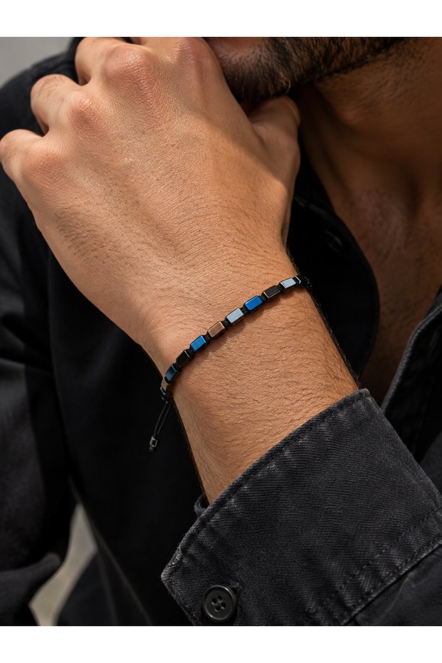 Men's Black Blue Hematite Stone Braided String Bracelet – Multi-Colored Rectangular Beaded Adjustable Bracelet