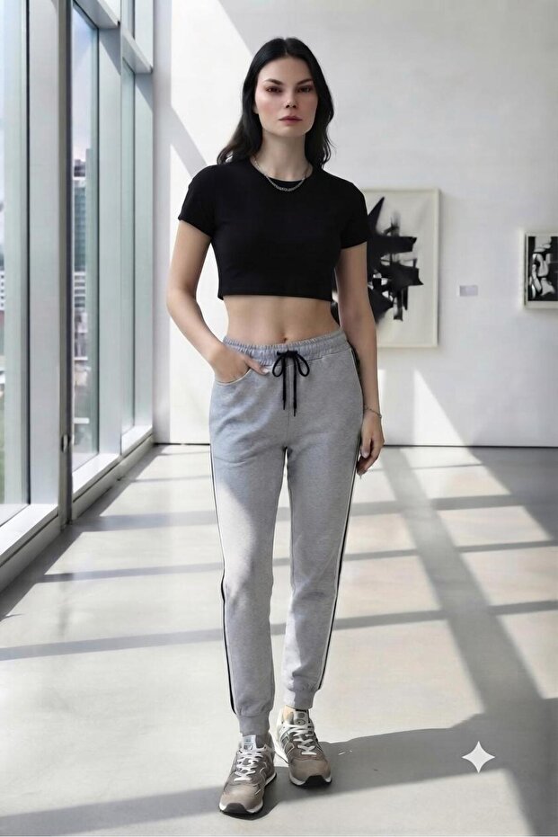 Women's Gray Side Extra Padded Ribbed Leg Summer Sweatpants