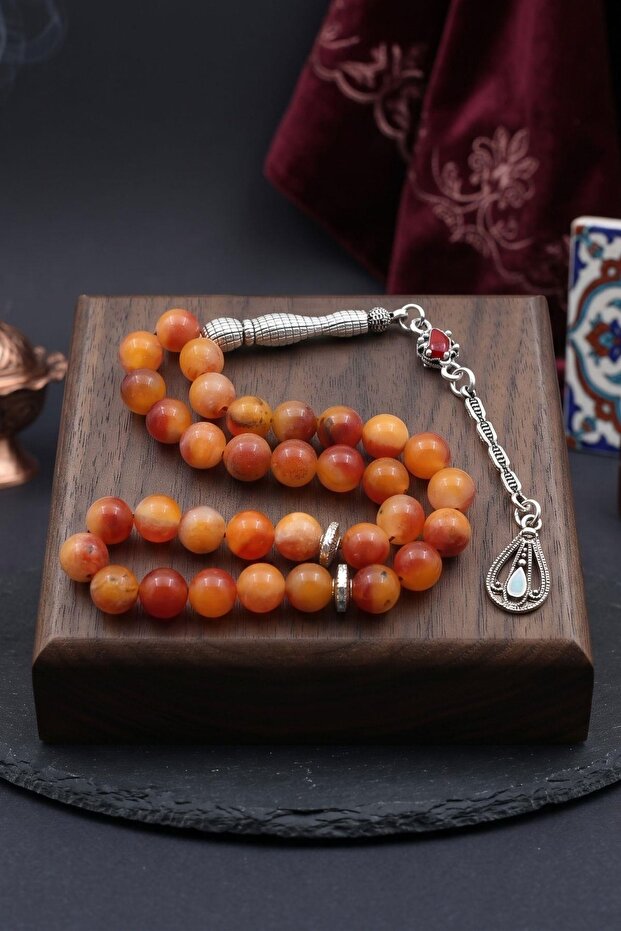 Natural Agate Stone 33 Prayer Beads with Metal Tassel 8mm Sphere Cut 902830