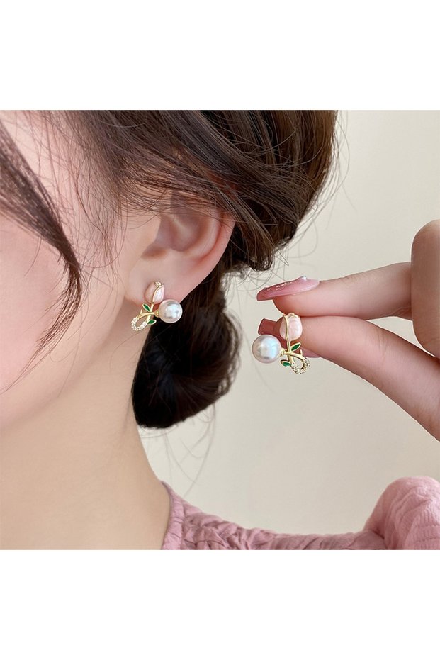 Zircon Stone Detailed Tulip Figured Pearl Ghost Earrings Stylish Women's Jewelry