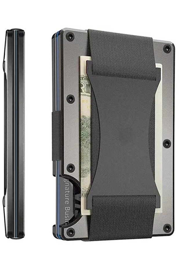 Men's ultra-thin RFID wallet gray minimalist cash strap card slot.