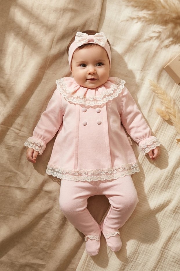 Salmon Lace Collared 3-Piece Baby Set - Cotton Top, Pants and Bandana Set - Vintage Style Luxury Baby Set