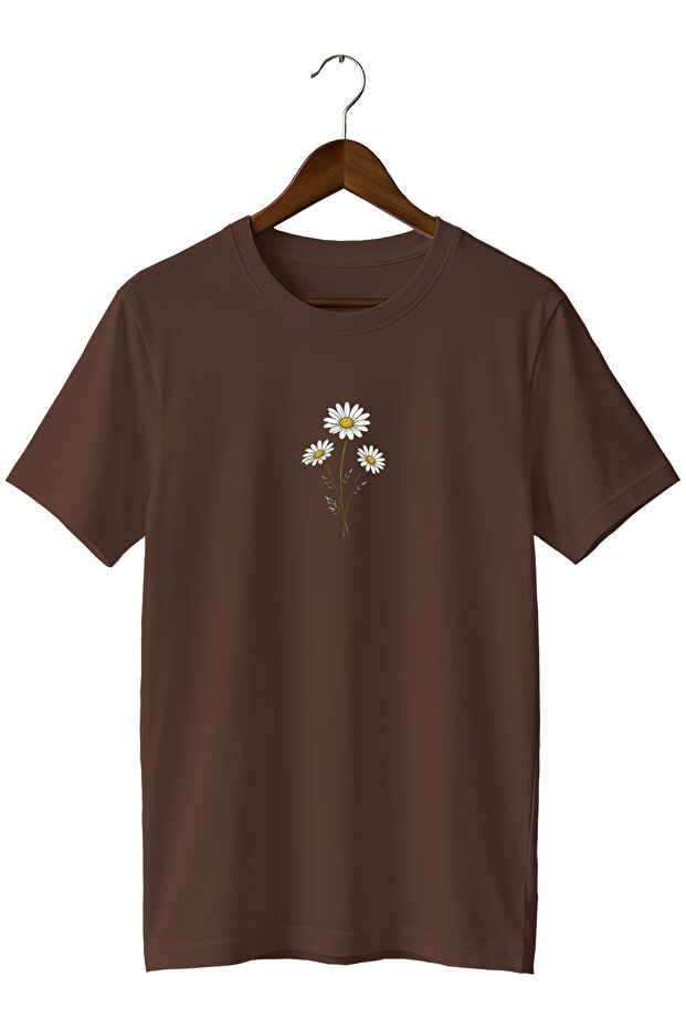 Minimal Daisy Flower Printed Unisex T-Shirt Cotton Crew Neck Basic T-Shirt