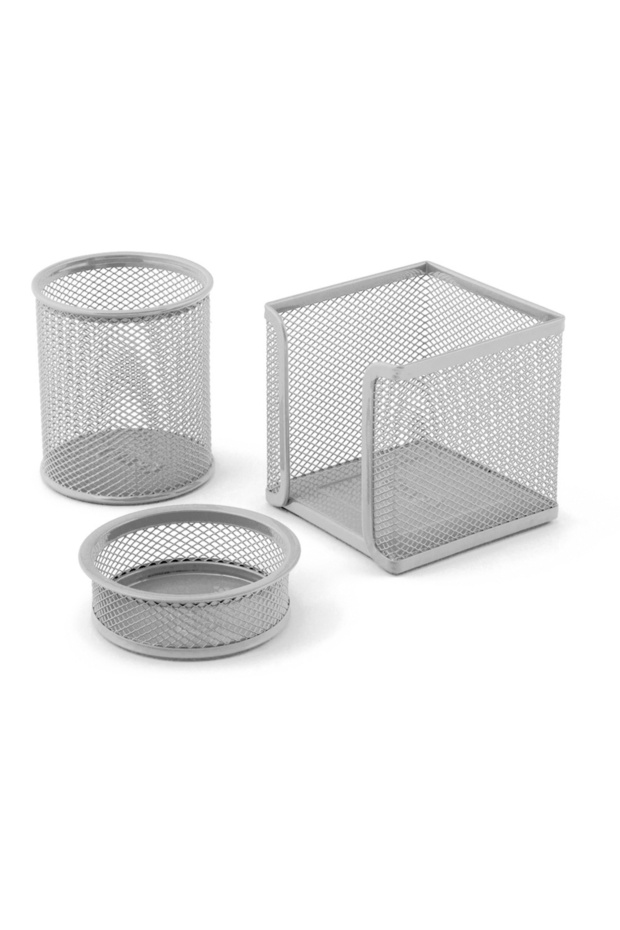 Desk Set Paper Clip Holder-Paper Holder-Pen Holder 3-Piece Metal Perforated Silver