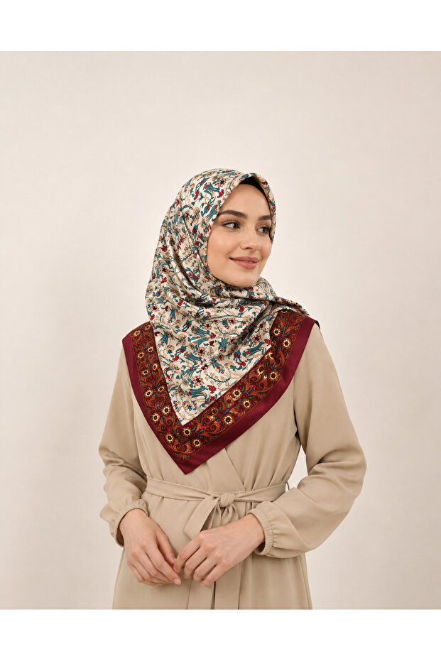 Burgundy Tile Patterned Square Scarf – Patterned Women's Scarf