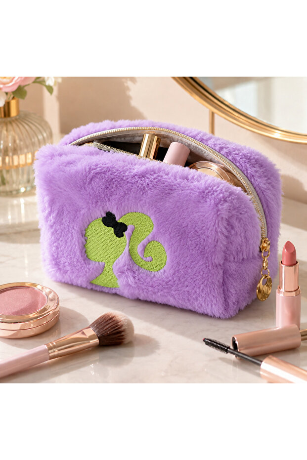 Plush Pen Holder and Makeup Bag Zippered Multi-Purpose Organizer Bag Lilac