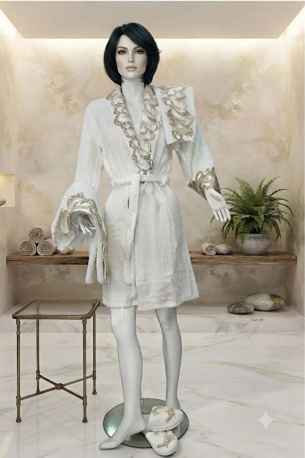 Avrora 4 Piece Lace Honeymoon Bathrobe Set Cream - Beige