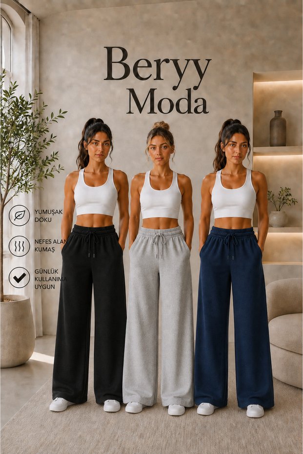 Women's Black Gray Navy Blue Set of 3 High Waist Lace-Up Wide Leg Sweatpants