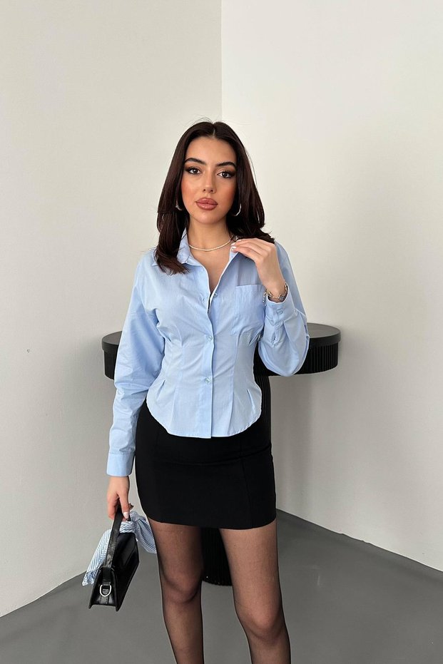 Women's Baby Blue Shirt Long Sleeve Shirt Collar Pleated Pocket Buttoned Cotton Poplin