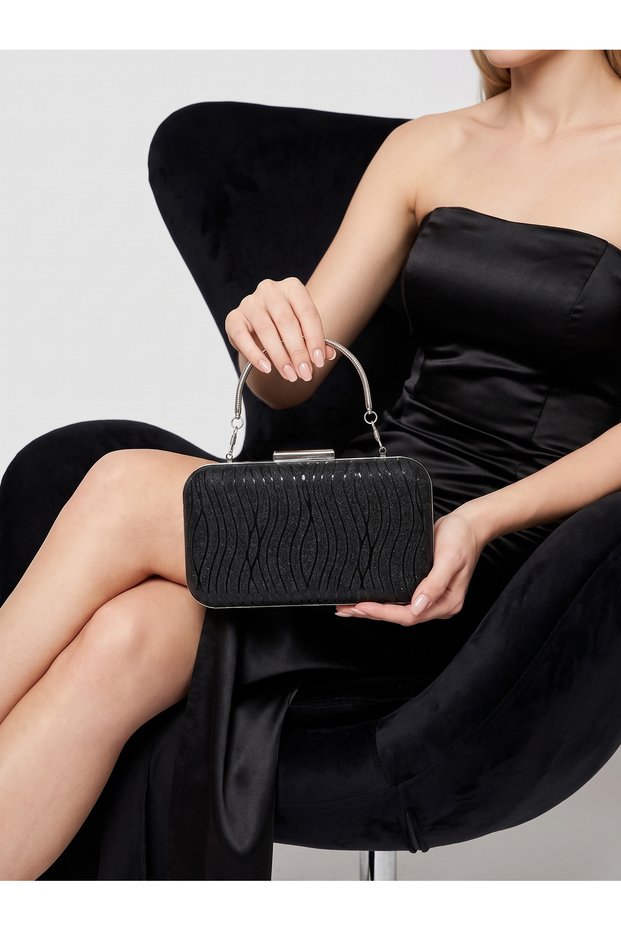 Black Striped Laser Patterned Women's Evening Dress Bag with Silver Detail Wedding Engagement Graduation