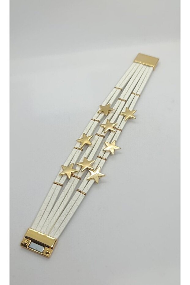 Stella White Leather Gold Star Magnetic Bracelet (19 cm)