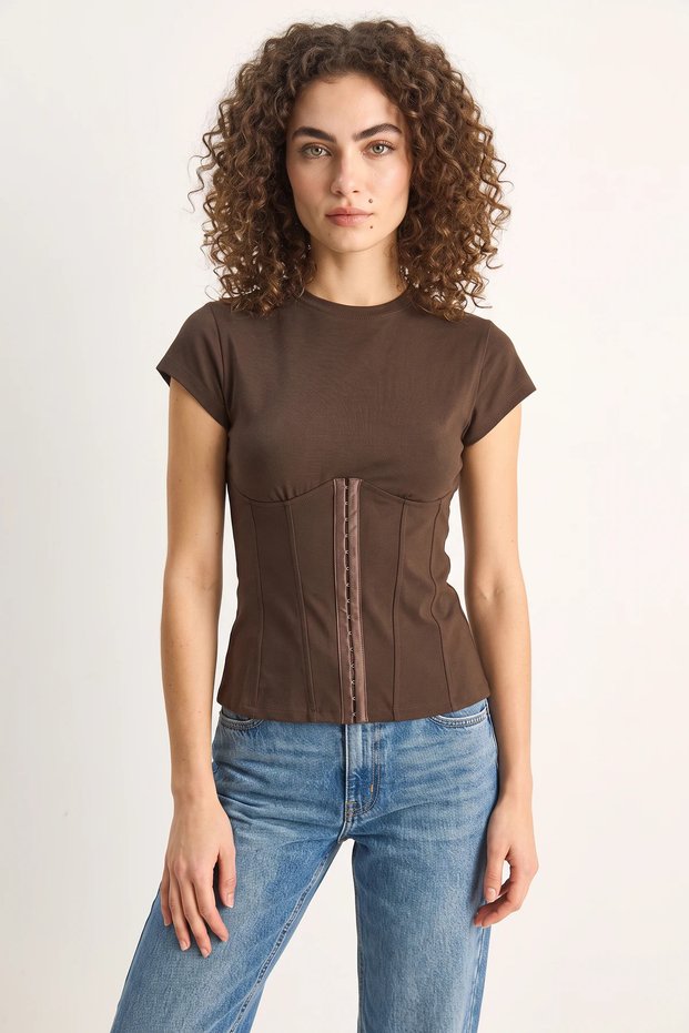 Women's Cotton Corset with Metal Buckle on the Back and Slit Detail, Top Bitter Brown