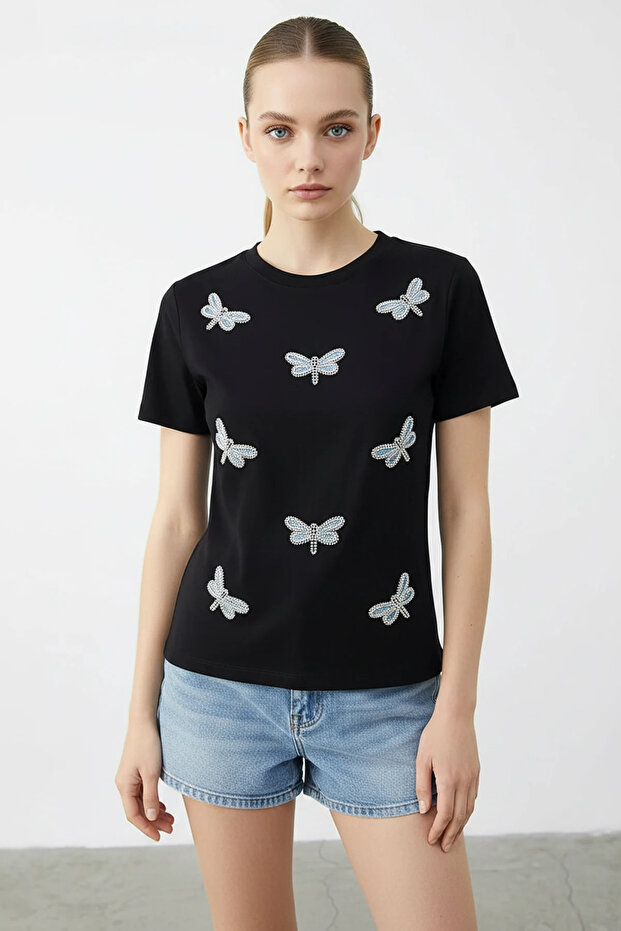 Women's Bead Stone Embroidered Dragonfly Patterned Comfortable Fit t Shirt Black