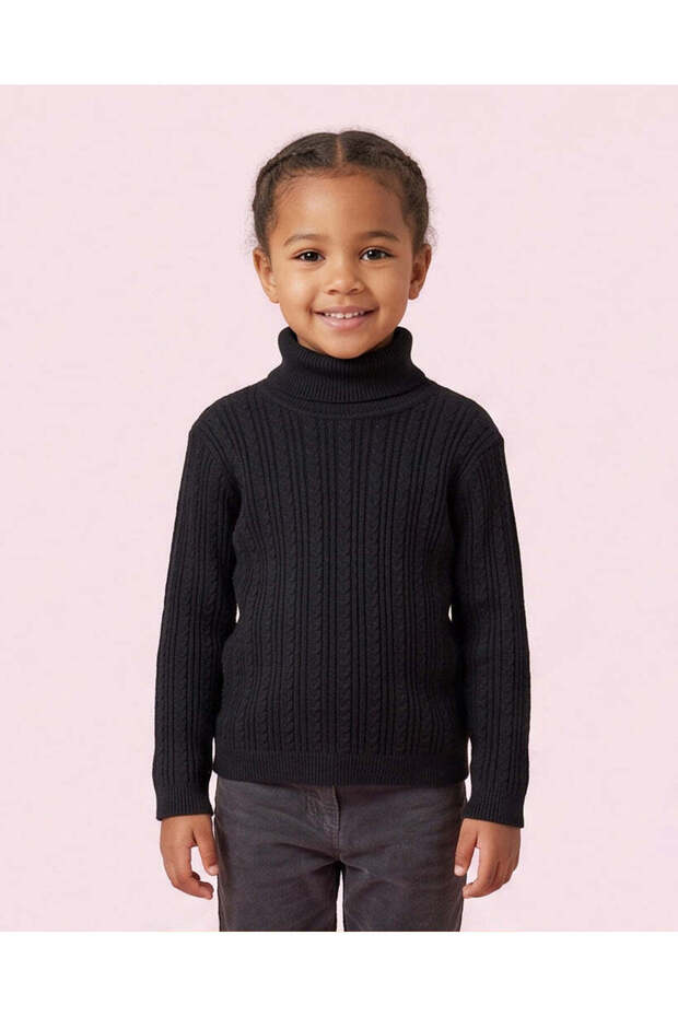 Girls Black Turtleneck Cable Knit Pullover