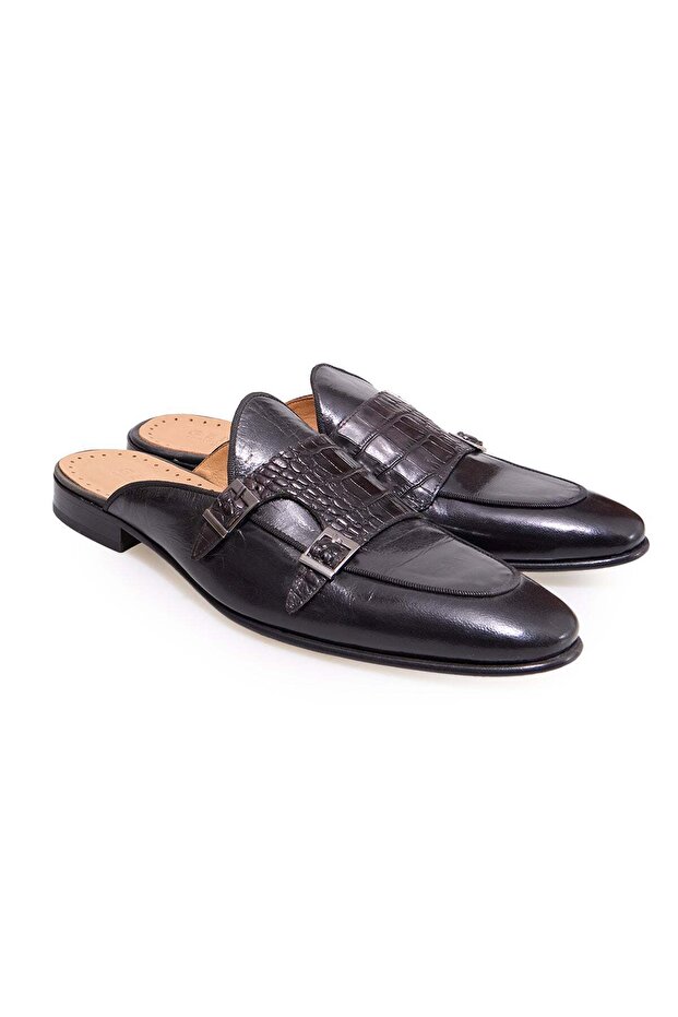 Black Color Laceless Genuine Leather Men's Half Shoes