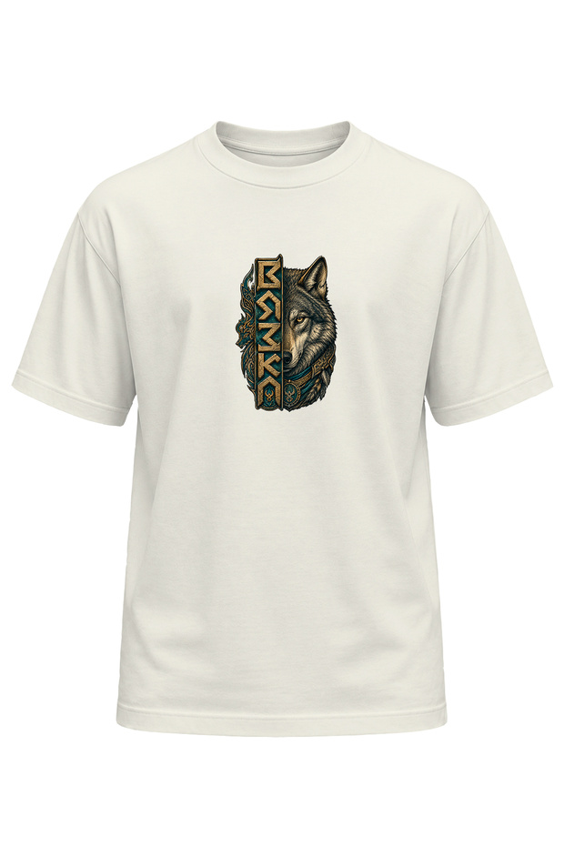 Unisex Black Wolf Göktürk Motif Printed T-Shirt – Special Design T-Shirt with Wolf Pattern and Ancient Turkish Symbol
