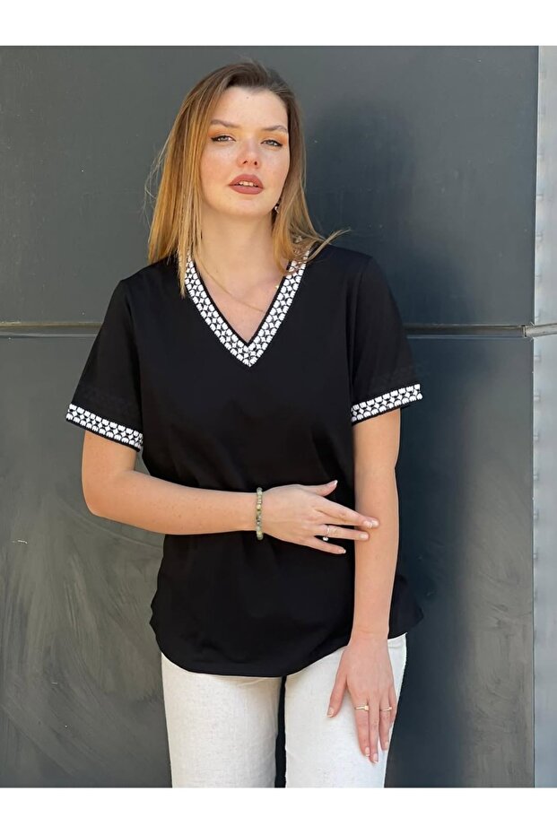 Plus Size V-Neck Blouse with Soft Texture, Collar and Sleeve End Details