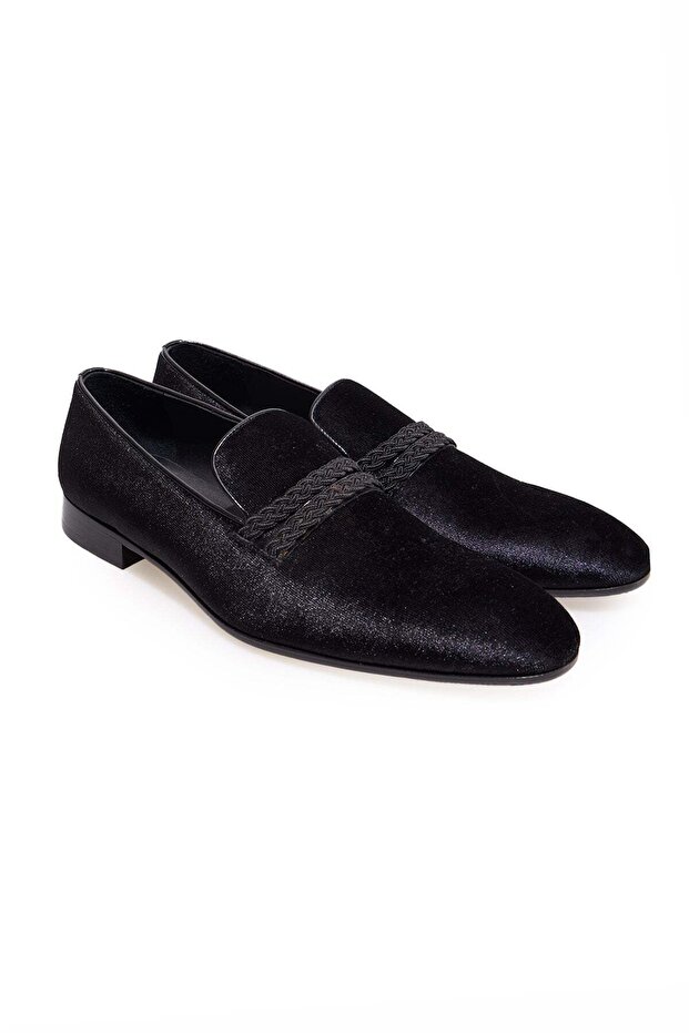 Black Color Laceless Genuine Velvet Men's Shoes