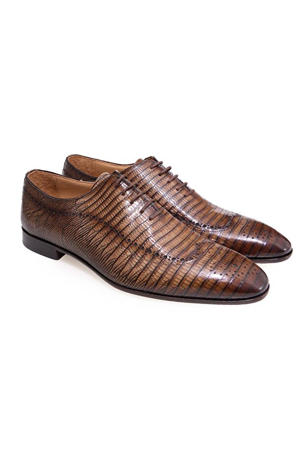 Camel Color Lace-Up Genuine Leather Men's Shoes