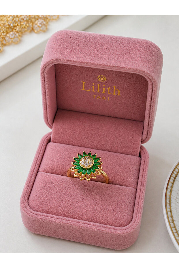 Women's Stress Ring Green Stone Flower Model Adjustable Gold Color Ring with Movable Rotating Head