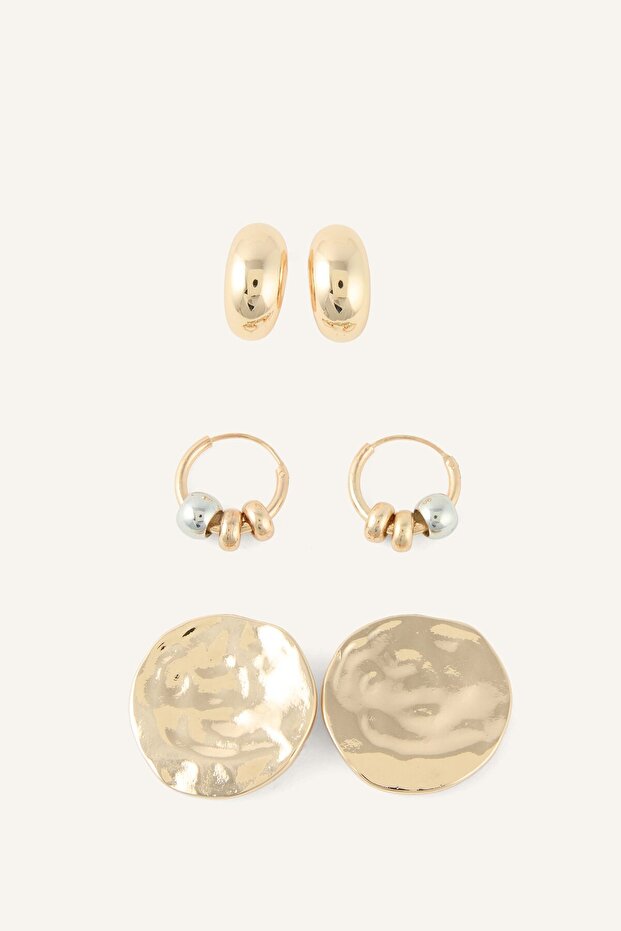 Women's Textured Plate and Ring Design 3-Piece Earring Set I4275Axns