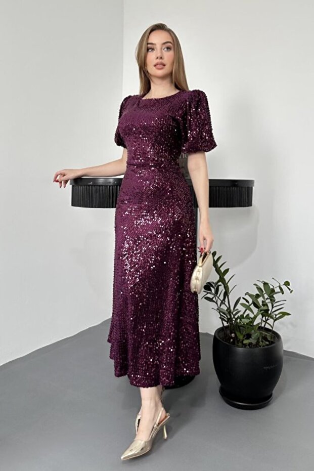 Purple Midi Length Sequin Dress
