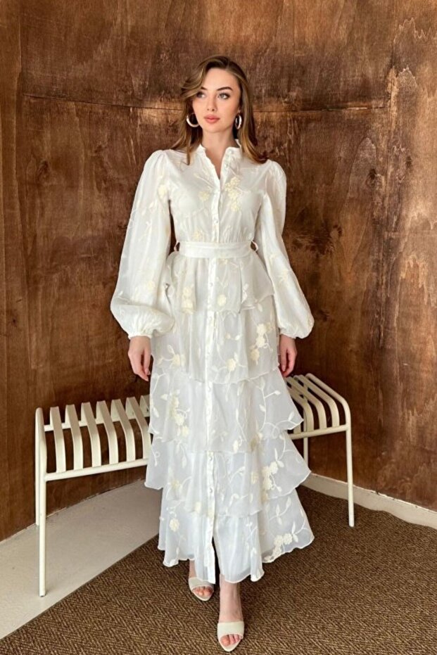 White Layered Dress with Flounces