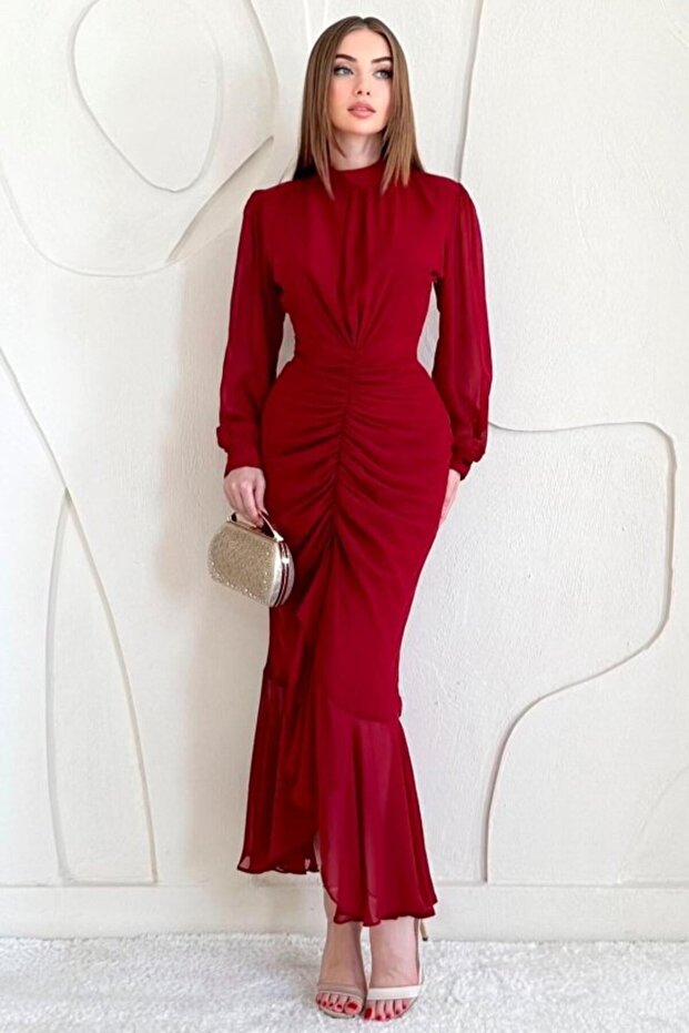 Red Chiffon Dress with Gathered Front