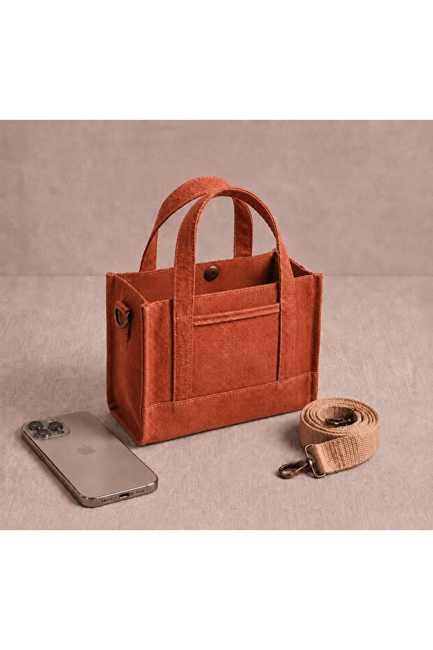 Kiremit Mini Canvas Women's Hand and Shoulder Bag with Adjustable Strap and Snap Fastener Vintage 19X16X9 cm