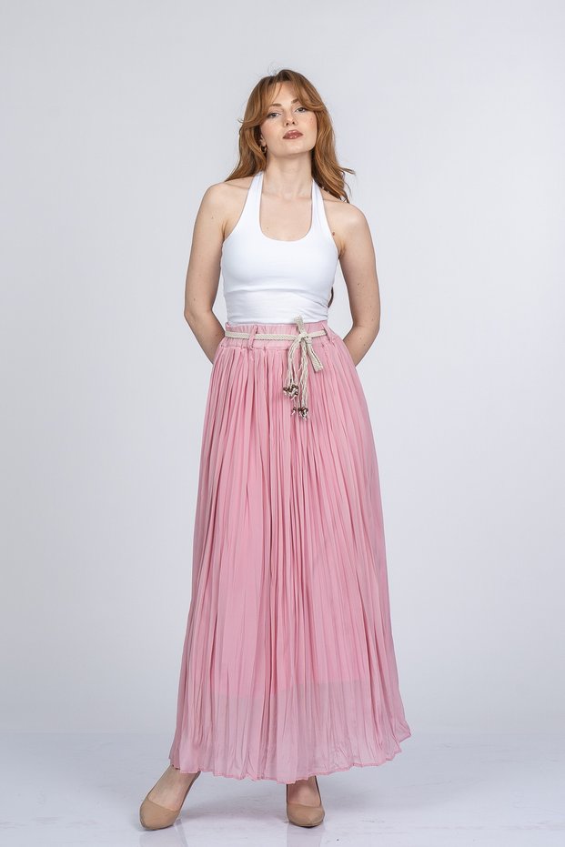 Women's Summer Pink Nerisse Long Pleated Skirt with Elastic Waist Lined Straw Belt Detail Comfortable Summer Wear 6890