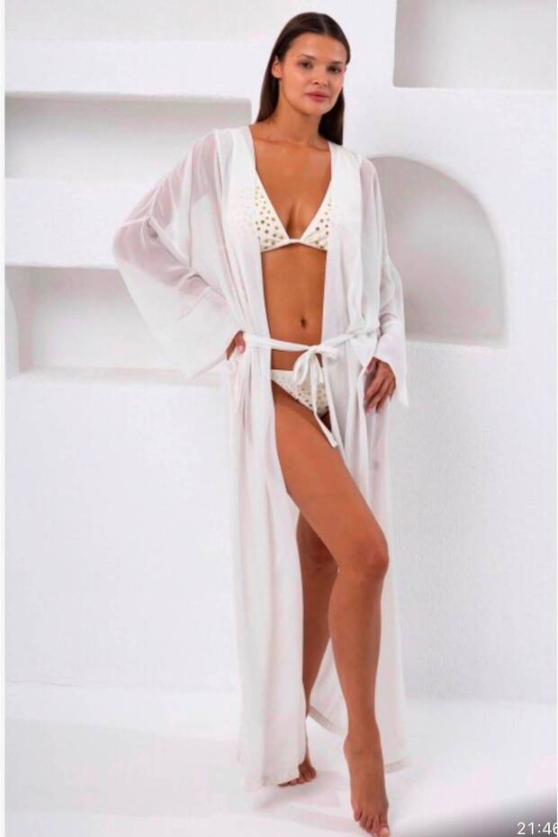 Ecru White Belted Long Chiffon Beach Kimono and Pareo