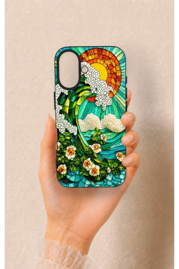 iPhone 16 Compatible Mosaic Ocean Wave Pattern Silicone Case