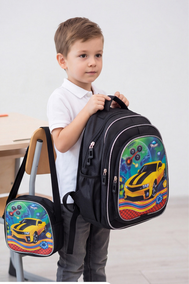 Primary School and Kindergarten Backpack Set with Yellow Trolley and Lunch Bag, Ergonomic Children's School Bag